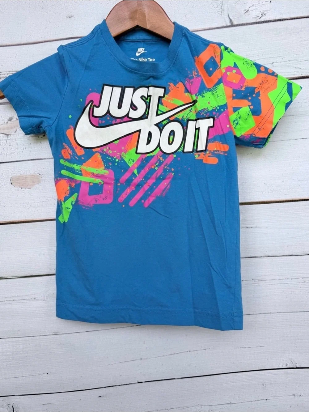 Nike Blue 'Just Do It' Graphic Tee with Neon Accents